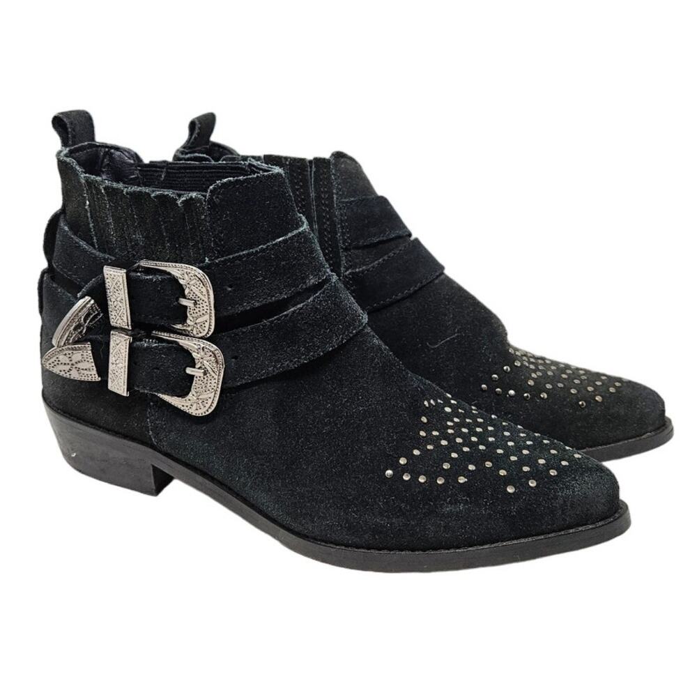 Steve Madden 6 Nann Black Leather Studded Ankle Western Boot Cowgirl Boho Biker